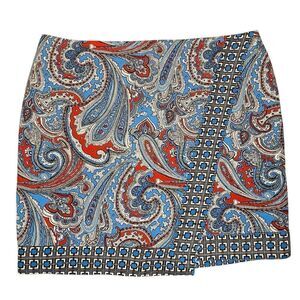 Women's Sz 18 NEW YORK & COMPANY Floral Paisley Faux Wrap Skirt Blue Red Zipper